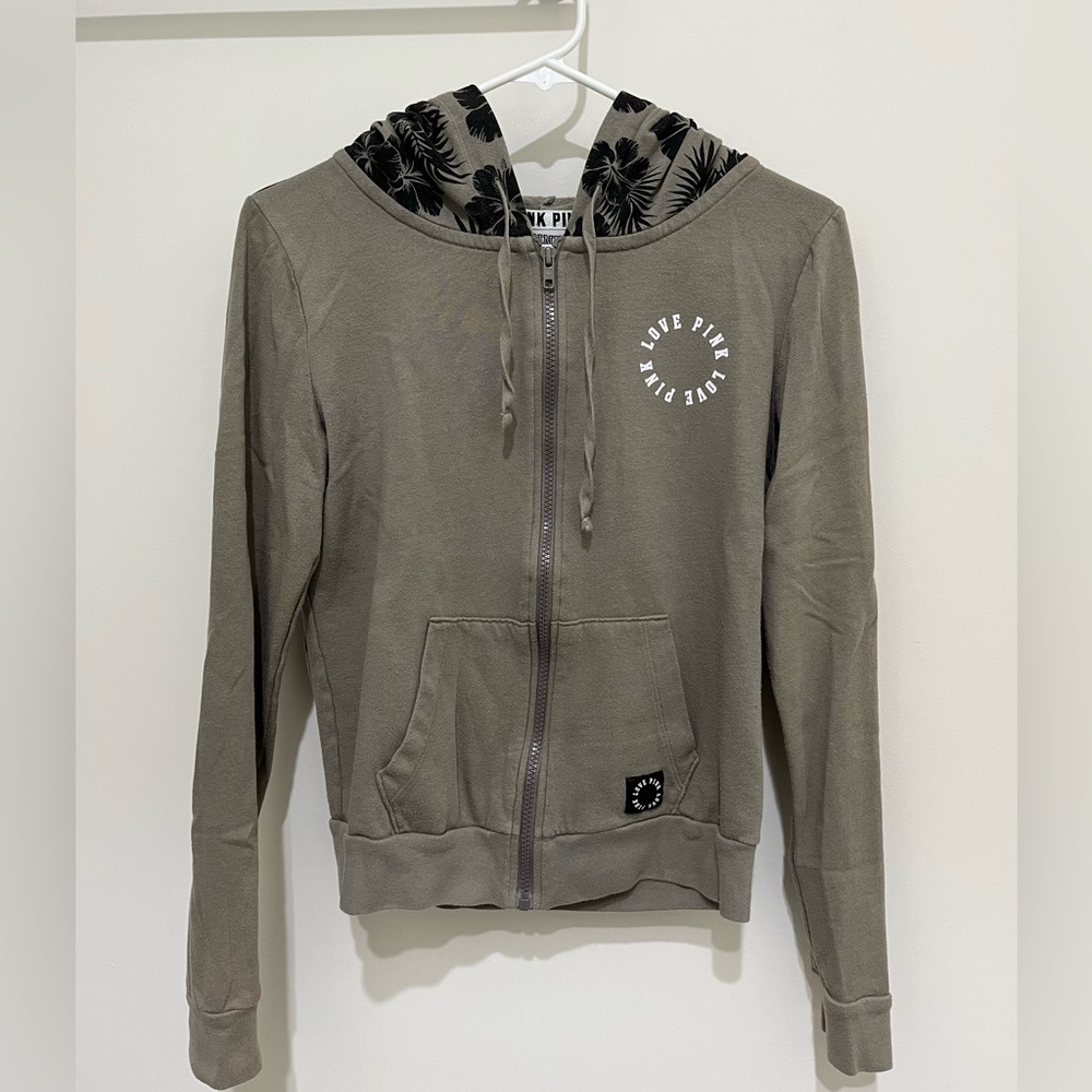 PINK Brand Olive Green Zip-Up Hoodie with Black Floral Accents